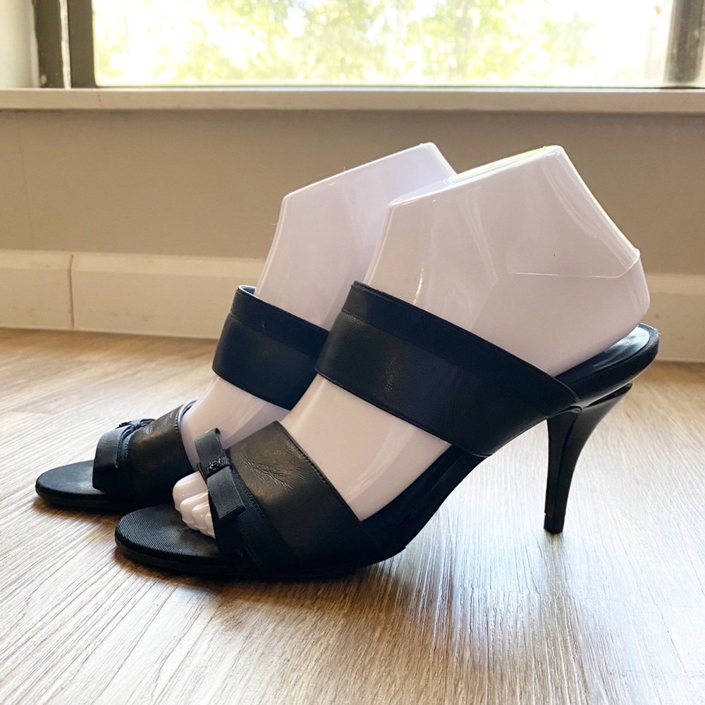 CHANEL Paris CC Black Leather Ribbon Bow Mules Heels Shoes 37.5 - Picture 2 of 12